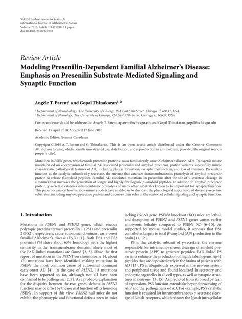 (PDF) Modeling Presenilin-Dependent Familial Alzheimer's Disease: Emphasis on Presenilin ...