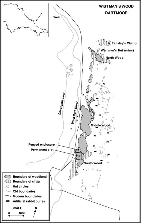 Site map of Wistman's Wood. The inset shows the location in south-west ...