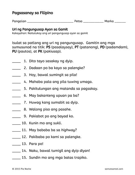 Uri Ng Pangungusap Worksheet Grade