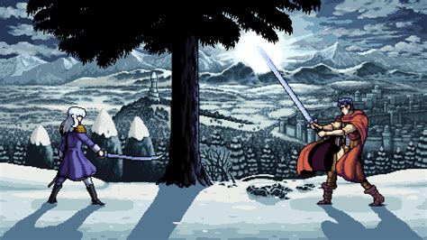 Pixel Art of Two People in the Snow Holding Swords