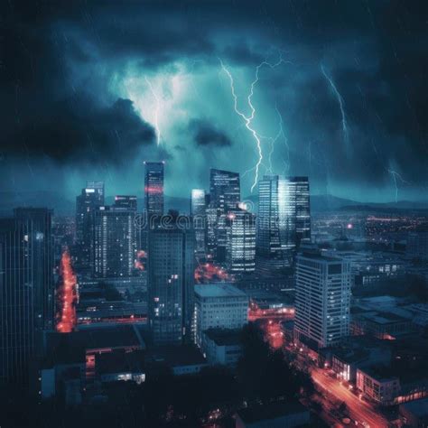 Lightning Strikes the City at Night As a Concept of Danger Stock ...