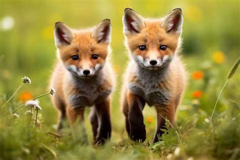 Premium AI Image | Cute Red Fox Pups Playing in the Meadow