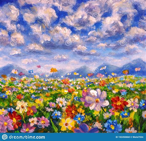 Landscape Flower Meadow Oil Painting Stock Photo - Image of modern, colorful: 192450660