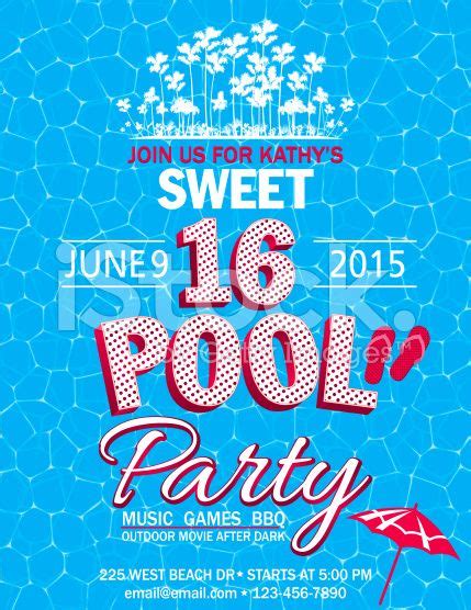 Sweet 16 Pool Party Invitation With Water Palm Trees on a blue ...