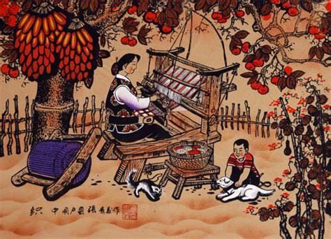 Chinese Loom - Weaving Folk Art Painting - South Chinese Folk Art Paintings & Batiks - Asian Artwork