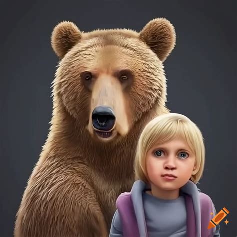 Realistic depiction of a grizzly bear and a little girl