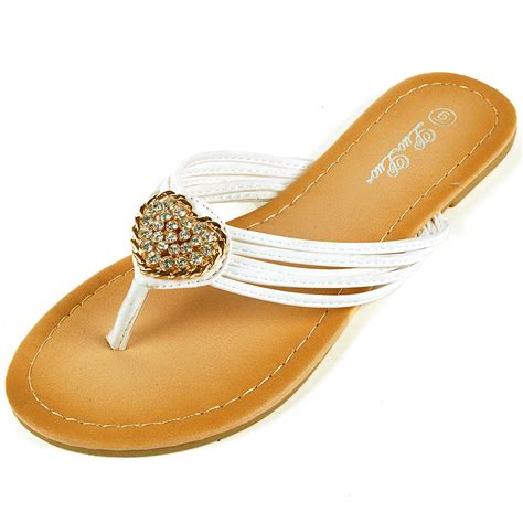 Womens Dressy Flip Flops Gold Rhinestone Strap Sandals Heart Thongs ...