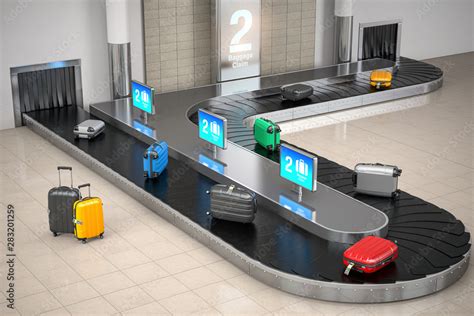 Baggage claim in airport terminal. Suitcases on the airport luggage ...