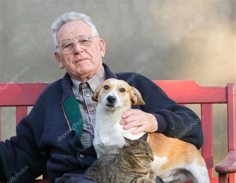 Dogs with old man faces | Old man with dog and cat — Stock Photo © budabar #35650171