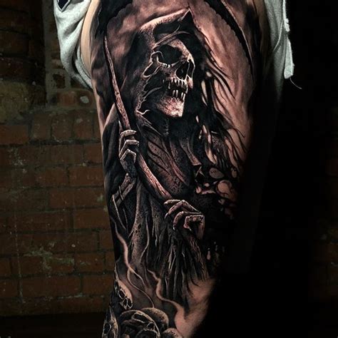 a man's arm with a black and grey tattoo on it, depicting a skeleton holding