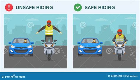 Do`s And Dont`s. Safe And Unsafe Motorcycle Riding On Road. Safety Driving Rules And Tips. Biker ...