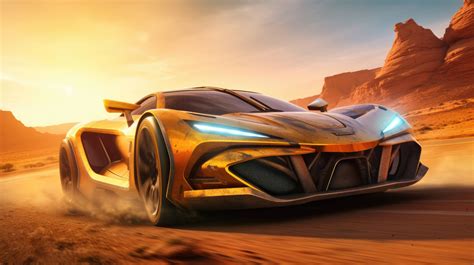 A 4K ultra HD wallpaper of a futuristic car with a human driver, driving through a desert landscape