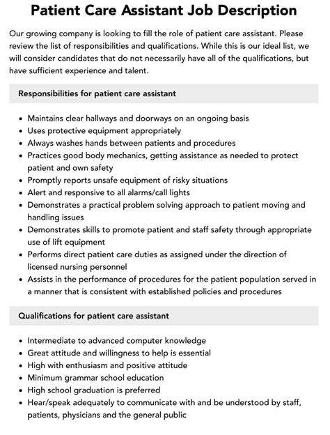 Patient Care Assistant Job Description | Velvet Jobs