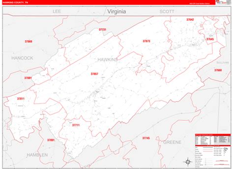 Hawkins County, TN Zip Code Wall Map Red Line Style by MarketMAPS ...