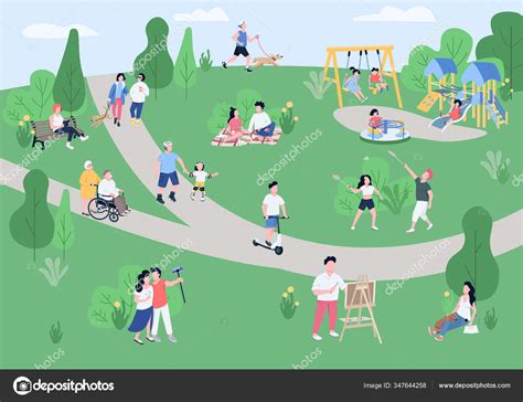 National park visitors flat color vector illustration. People enjoying ...