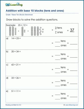 Addition with base 10 blocks worksheets | K5 Learning | Base 10 ... - Worksheets Library