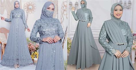 fashion baju gamis brokat perpaduan kain satin biru - Dominic Parr