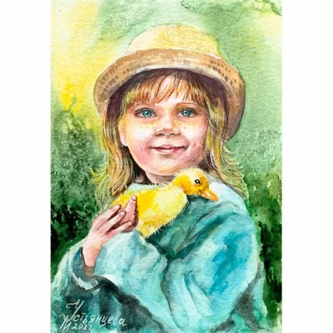 WATERCOLOR PAINTING ORIGINAL Art Child Girl Childhood Kid Children Portrait Duck $156.66 - PicClick