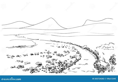 Sketch of Mountain Landscape with Small River Stock Vector - Illustration of freehand, linear ...