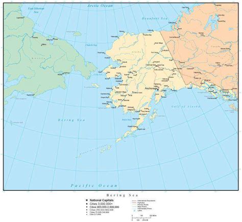 Bering Sea Map with Alaska and Country Areas, Cities and Major Roads