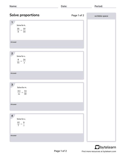 Solve Proportions Worksheets [PDF] (7.RP.A.2.C): 7th Grade Math