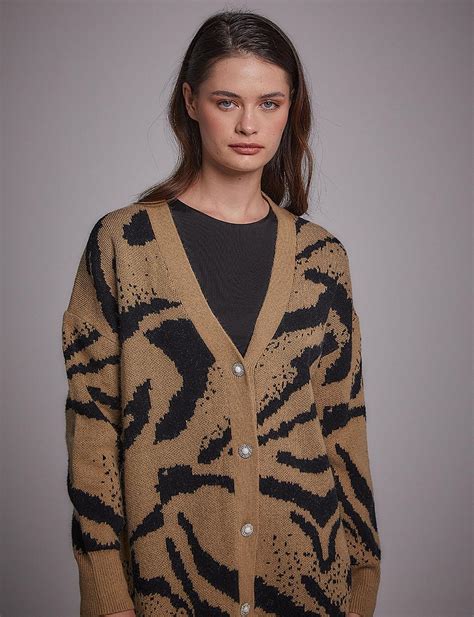 Abstract Pattern Knitwear Cardigan Black-Beige KA-A23-TRK115-12-08-Kayra