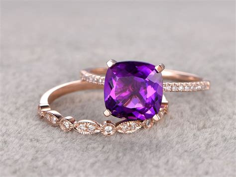 2pcs 8x8mm Cushion Purple Amethyst Engagement ring set,Diamond wedding band,14K Rose Gold ...