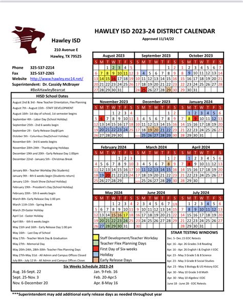 2023-2024 DISTRICT CALENDAR | Hawley Independent School District