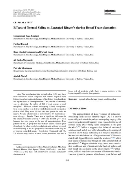 (PDF) Effects of Normal Saline vs. Lactated Ringer's during Renal ...