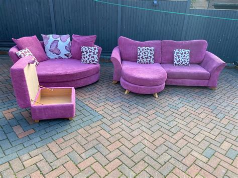 DFS pink jumbo cord corner sofa with large 2 seater sofa and footstool | in Luton, Bedfordshire ...