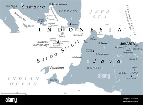 Sunda Strait, Indonesia, gray political map. Strait between Indonesian islands Java and Sumatra ...