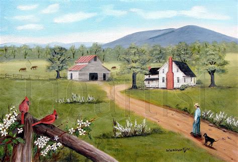 Barn Farm House Primitive Landscape Folk Art Prints, Mountain Scene ...