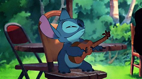 an animated image of stitch playing the guitar in front of a chair and table with chairs behind it
