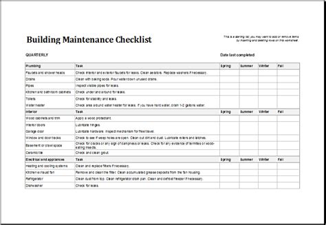 Building Maintenance Checklist Template | Excel Templates