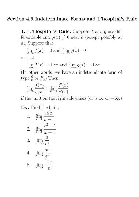 Section 4.5 Indeterminate Forms and L'hospital's Rule 1. L'Hospital's ...