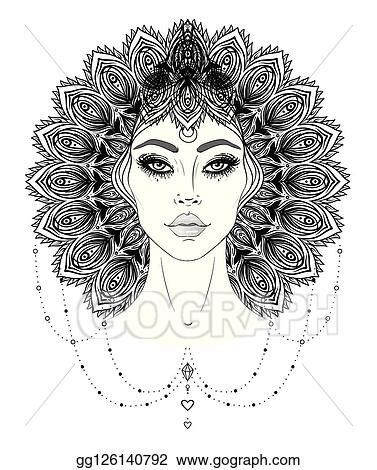 EPS Illustration - Tribal fusion boho diva. beautiful asian divine woman with ornate crown ...