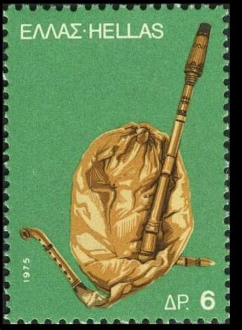 This handsome Greek stamp portrays a Gaida of the Macedonian variety, one of several bagpipes ...