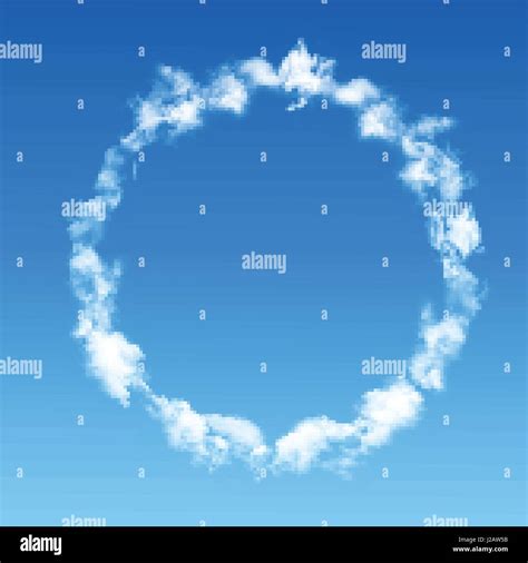 Vector round frame made of white realistic clouds on blue sky ...