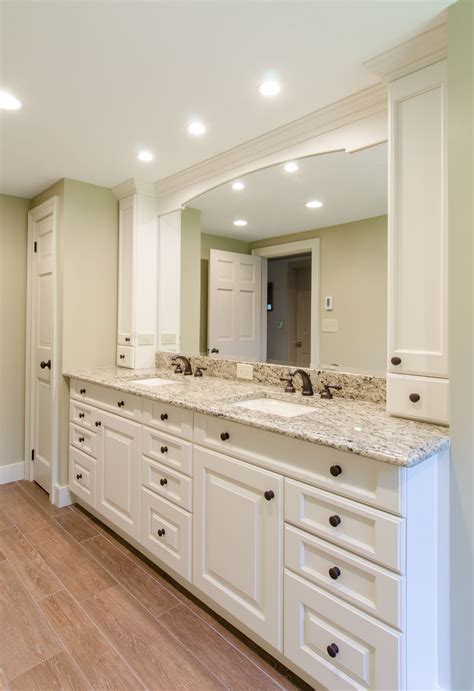 White Bathrooms - White cabinetry with a granite countertop, square sinks, valance and ...