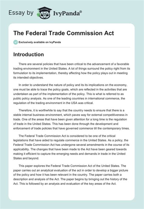 The Federal Trade Commission Act - 3282 Words | Research Paper Example