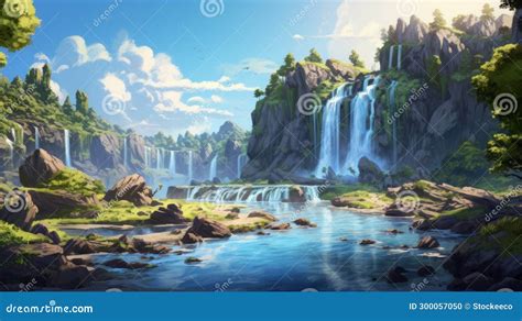 Breathtaking Anime-inspired Landscape Waterfall in Mountains Stock ...