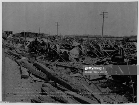 A view of the effects of the 1894 Pullman strike showing burned cars ...