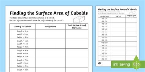 Printable Finding the Surface Area of a Cuboid Worksheet