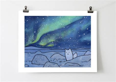 Northern Lights Arctic Fox Art Print Watercolor Illustration | Etsy