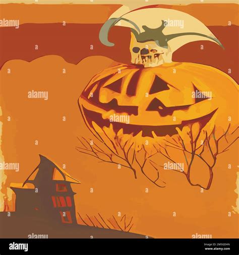 Vintage Halloween poster design with vector ghost character. pumpkin composition, pumpkin leaves ...