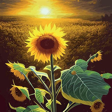 Golden Sunflower Oil Painting With Sunset Rural Landscape Vector ...