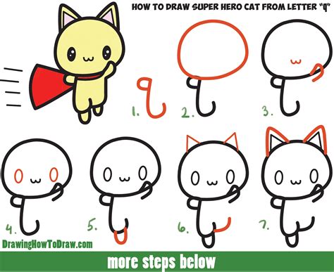 How to Draw a Cute Cat Super Hero (Kawaii) with Easy Step by Step Drawing Tutorial for Kids ...