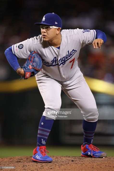 Relief pitcher Julio Urias of the Los Angeles Dodgers pitches against ...