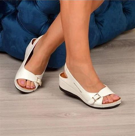 Women's peep toe low wedge slingback sandals | Adjustable buckle arch ...