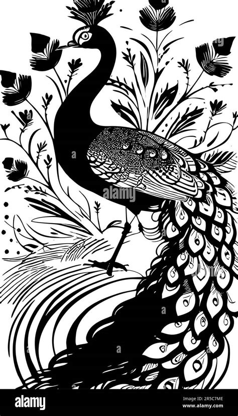 black stylized drawing of a peacock on a white background, monochrome graphics, design Stock ...